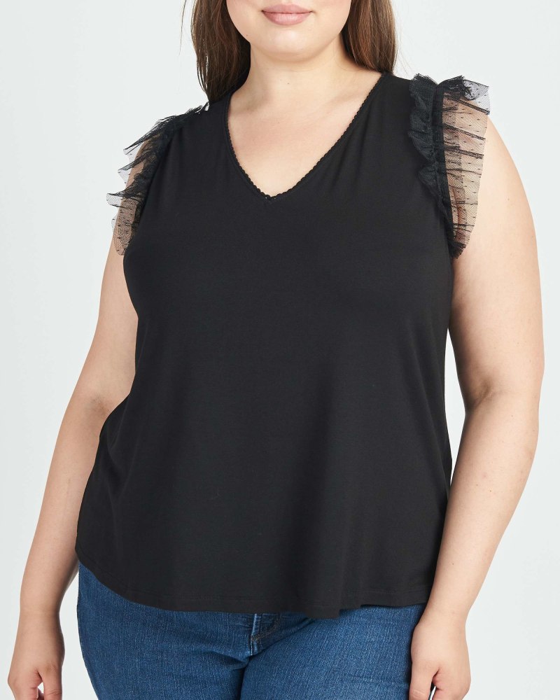 Front of a model wearing a size 1X Anais Ruffle Lace Black Top in BLACK by Daniel Rainn. | dia_product_style_image_id:297553